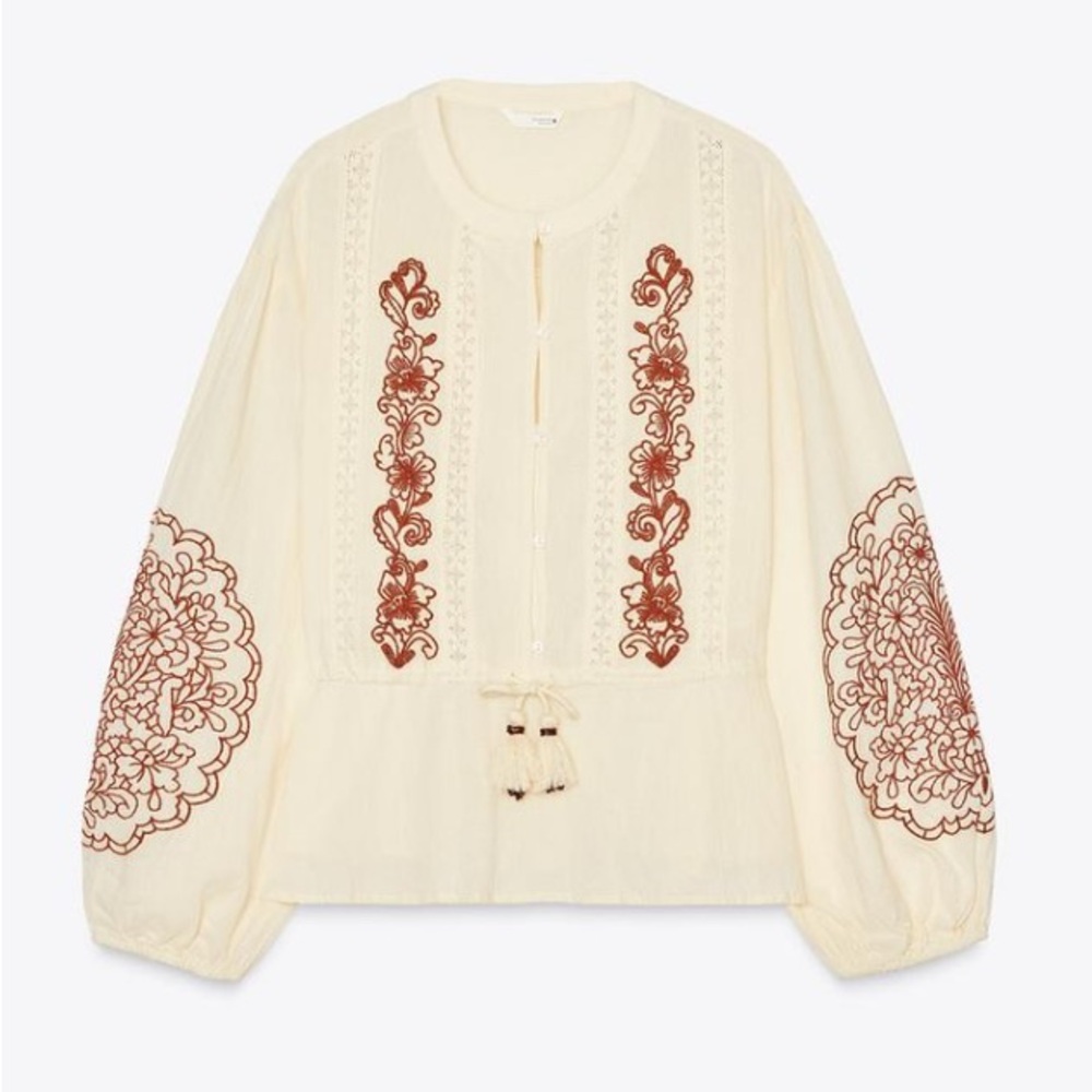 Zara Cream Blouse with Brown Embroidery